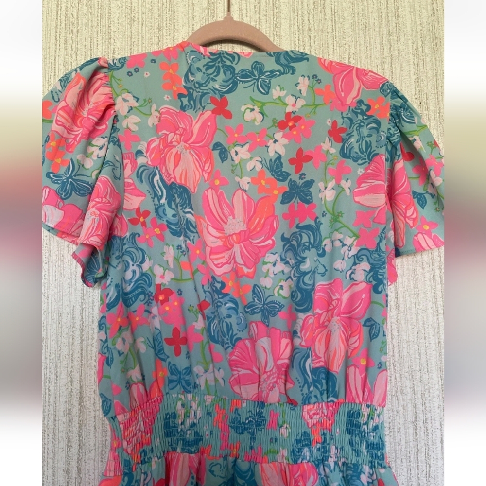 Lilly Pulitzer Size 8 Maryanne Surf Blue Luscious Lions Dress Floral Ruffles - Picture 12 of 12